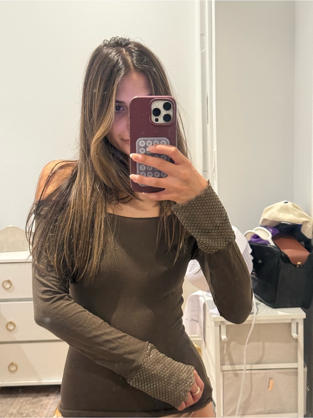 Olive Green Long Sleeve Cold Shoulder Top
